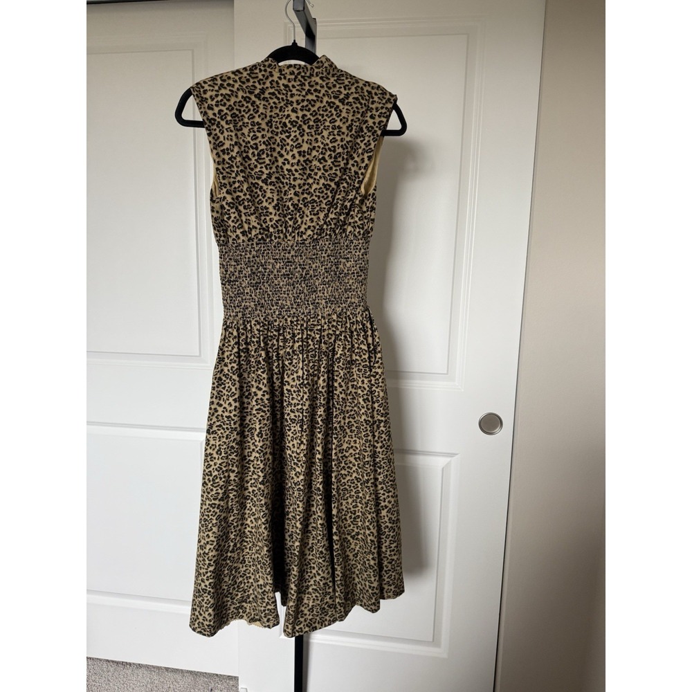 anthropologie Tommie Cap-Sleeve Smocked Front-Zip Midi Shirt Dress SZ S cheetah - Picture 3 of 5